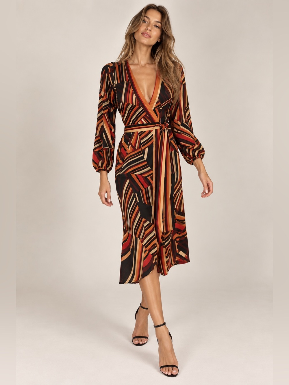ZARA Z1975 Geometric Stripe Wrap Midi Dress Belted Long Sleeve S